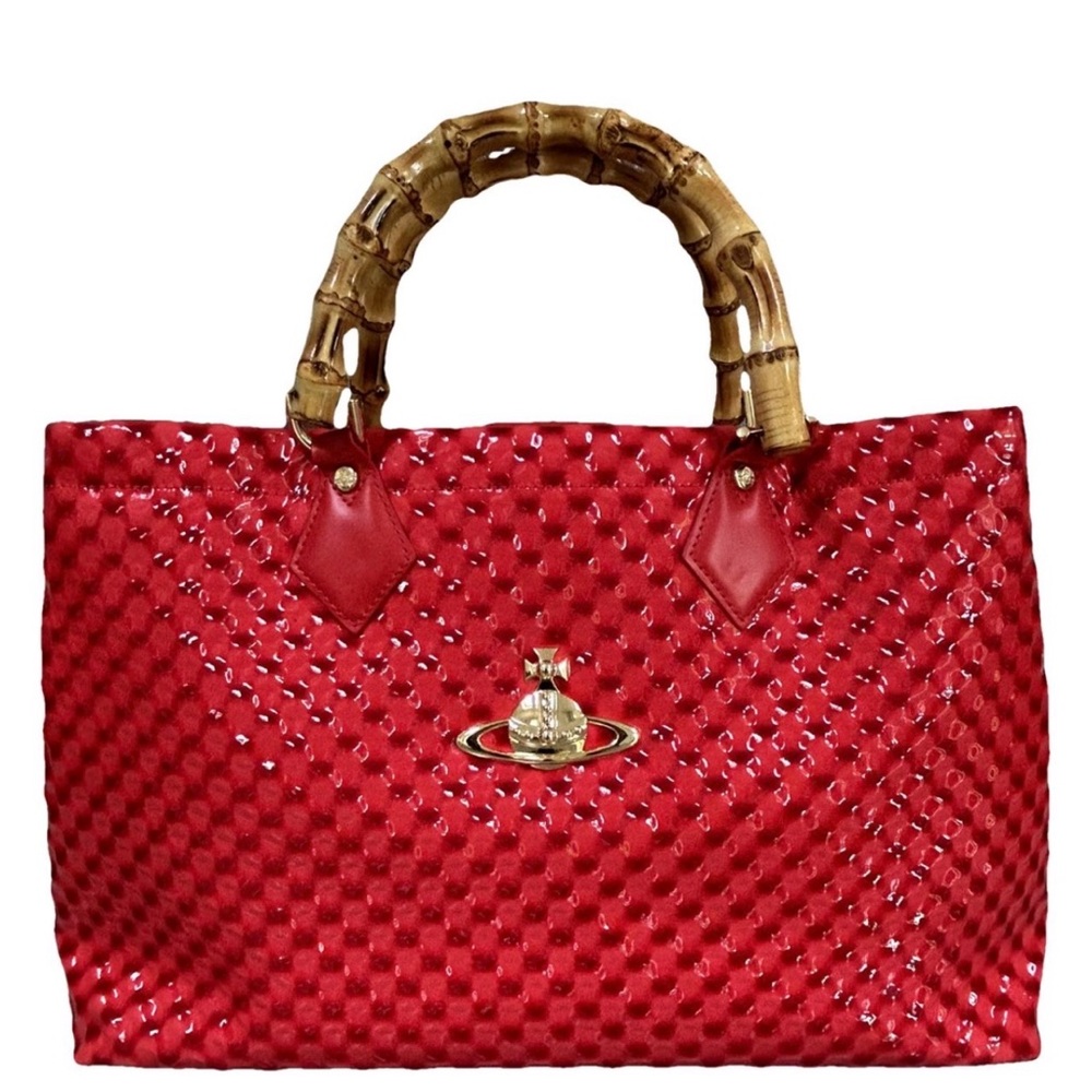 Rare Vivienne Westwood Red Quilted VEGAN Patent Leather Tote w Bamboo Handles!